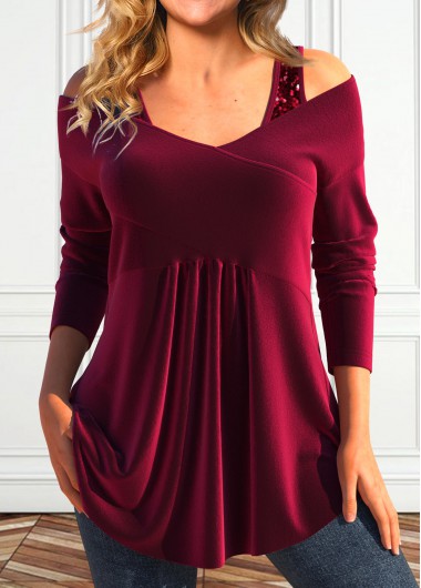 Modlily Wine Red Sequin Long Sleeve V Neck T Shirt - S