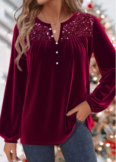 Modlily Wine Red Split Long Sleeve Blouse - M