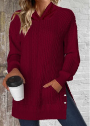 Modlily Wine Red Split Long Sleeve Pocket Hoodie - S