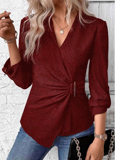 Modlily Wine Red Surplice Long Sleeve V Neck Shirt - M