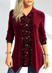 Modlily Wine Red Velvet Long Sleeve Shirt Collar Blouse - M