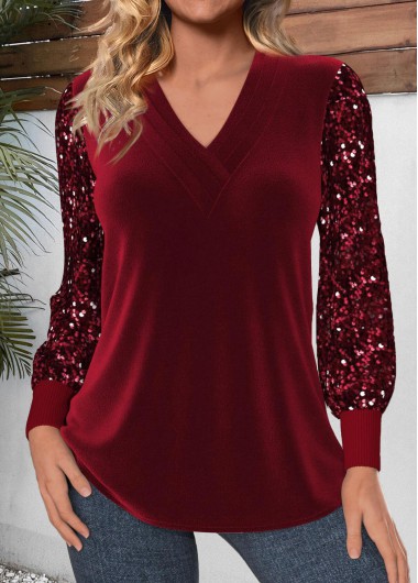 Modlily Wine Red Velvet Long Sleeve V Neck T Shirt - M