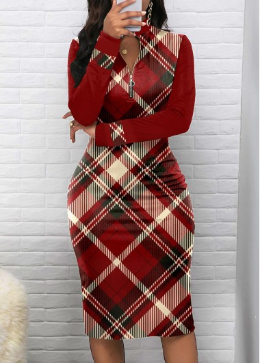 Modlily Wine Red Zipper Plaid Long Sleeve Bodycon Dress - XXL