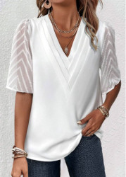 Modlily Women White V Neck Blouse Patchwork Mesh Half Sleeve Shirt - S