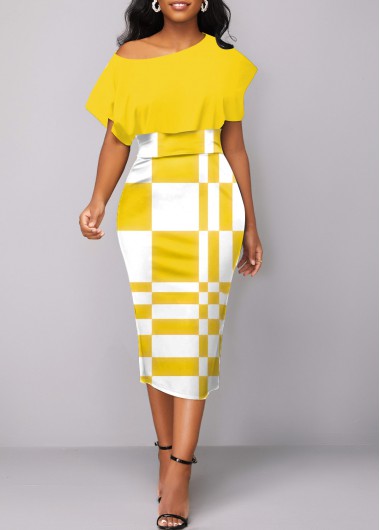 Modlily Yellow Asymmetry Geometric Print Short Sleeve Bodycon Dress - S