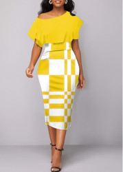 Modlily Yellow Asymmetry Geometric Print Short Sleeve Bodycon Dress - S