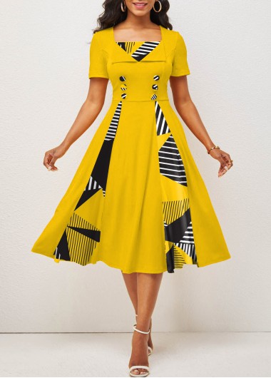 Modlily Yellow Button Geometric Print Short Sleeve Dress - XL