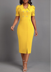 Modlily Yellow Button Short Sleeve Bodycon Dress - S