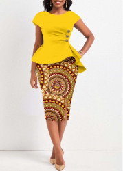 Modlily Yellow Button Tribal Print Short Sleeve Bodycon Dress - XXL