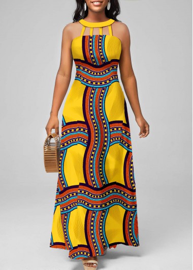 Modlily Yellow Cage Neck Tribal Print Sleeveless Maxi Dress - XL