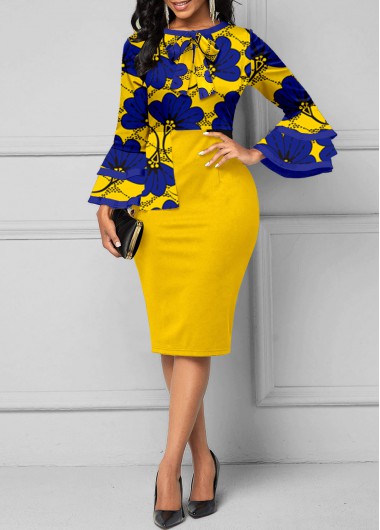 Modlily Yellow Contrast Binding Floral Print Long Sleeve Dress - S