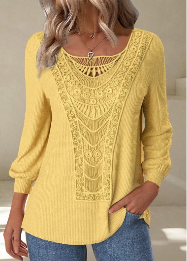 Modlily Yellow Embroidery Long Sleeve Round Neck T Shirt - S