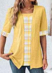 Modlily Yellow Fake 2in1 Plaid Half Sleeve T Shirt - S