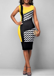 Modlily Yellow Geometric Print Sleeveless Round Neck Dress - S