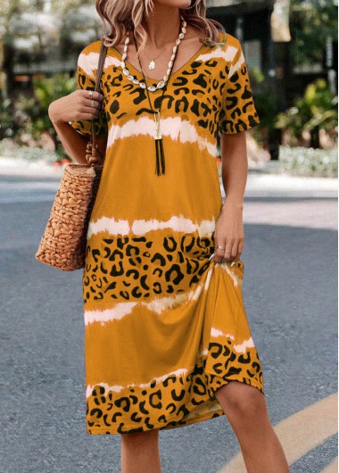 Modlily Yellow Leopard H Shape Short Sleeve Dress - S