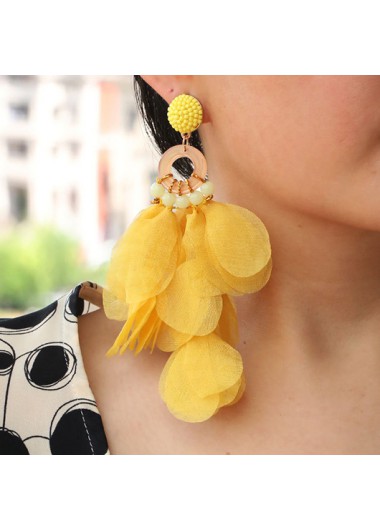 Modlily Yellow Patchwork Circular Ring Beaded Floral Earrings - One Size