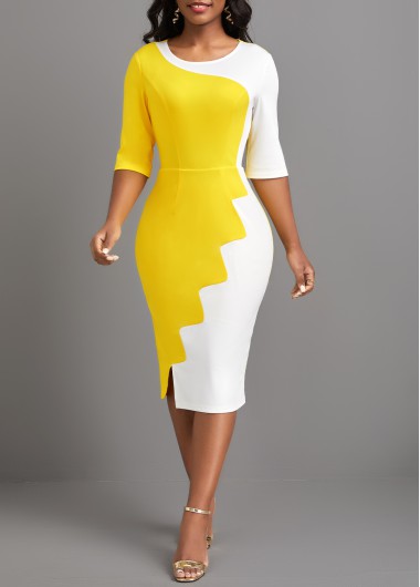 Modlily Yellow Patchwork Half Sleeve Round Neck Bodycon Dress - M