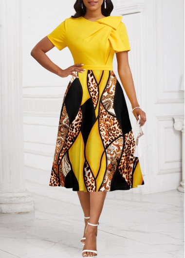 Modlily Yellow Patchwork Leopard Short Sleeve Round Neck Dress - S