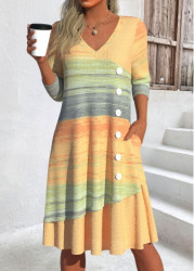 Modlily Yellow Patchwork Ombre A Line Long Sleeve Dress - S