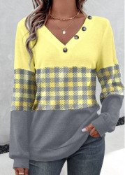 Modlily Yellow Patchwork Plaid Long Sleeve V Neck T Shirt - S