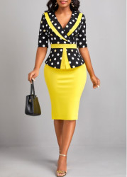 Modlily Yellow Patchwork Polka Dot Half Sleeve Bodycon Dress - M