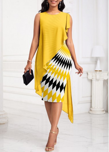 Modlily Yellow Patchwork Wave Pattern Print Sleeveless Bodycon Dress - M