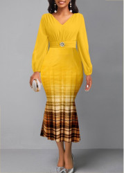 Modlily Yellow Plaid Long Sleeve V Neck Mermaid Dress - S