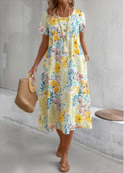 Modlily Yellow Pocket Floral Print A Line Short Sleeve Dress - S