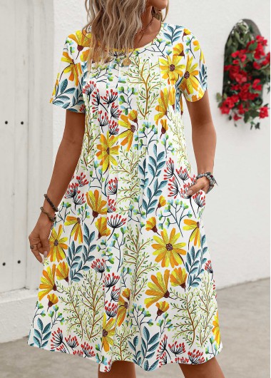 Modlily Yellow Pocket Floral Print Short Sleeve Round Neck Dress - S