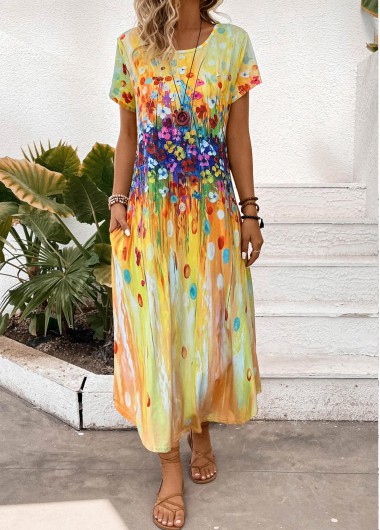 Modlily Yellow Pocket Random Floral Print Maxi Shift Dress - S