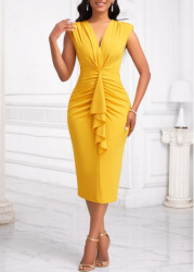 Modlily Yellow Ruffle Short Sleeve V Neck Bodycon Dress - M