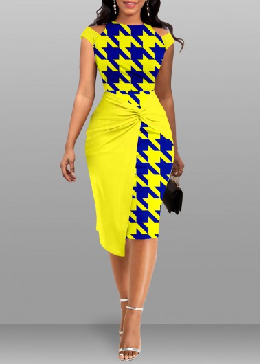 Modlily Yellow Twist Geometric Print Bodycon Short Sleeve Dress - XXL