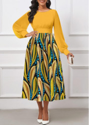 Modlily Yellow Umbrella Hem Tribal Print Long Sleeve Dress - XXL