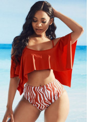 Modlily Zebra Print Ruffle Overlay Cold Shoulder Bikini Set - S