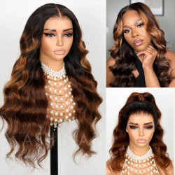 New Black Ombre Brown Highlight 3D Body Wave 360 Lace Frontal with Invisi Strap Pre Bleached & Pucked Human Hair Wig