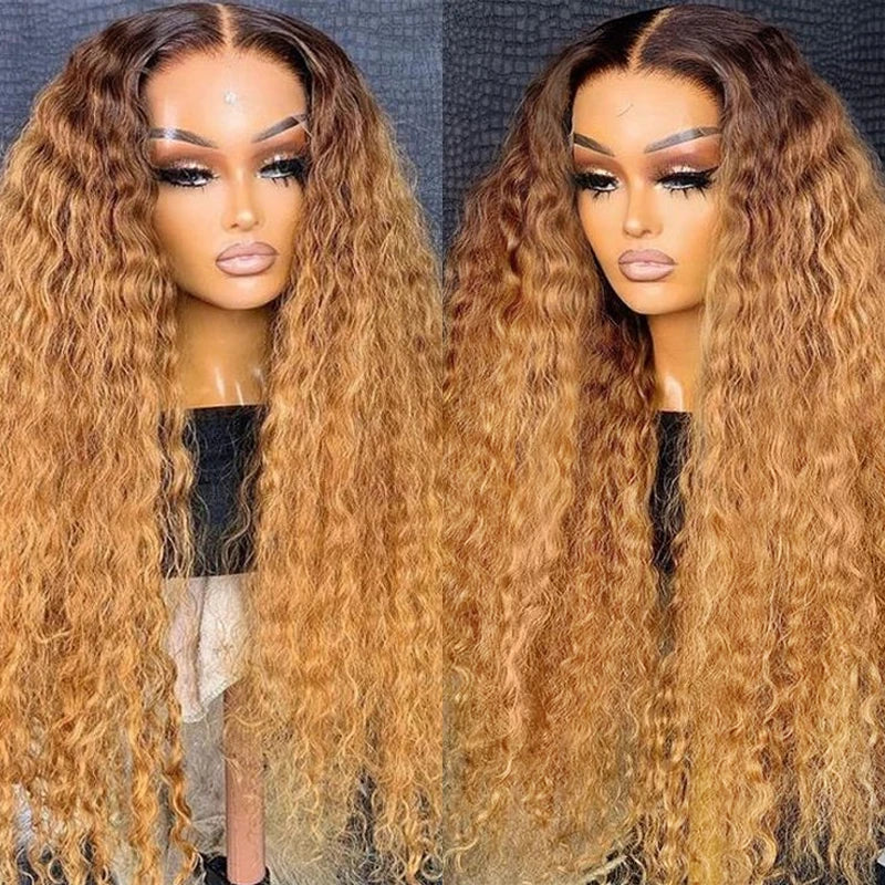 Ombre Honey Blonde Water Wave Lace Wig With Chocolate Dark Roots Pre Everything Glueless Wig