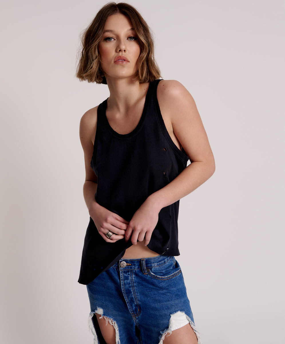 One Teaspoon Black Stone Ribbed Distressed Daddio Singlet