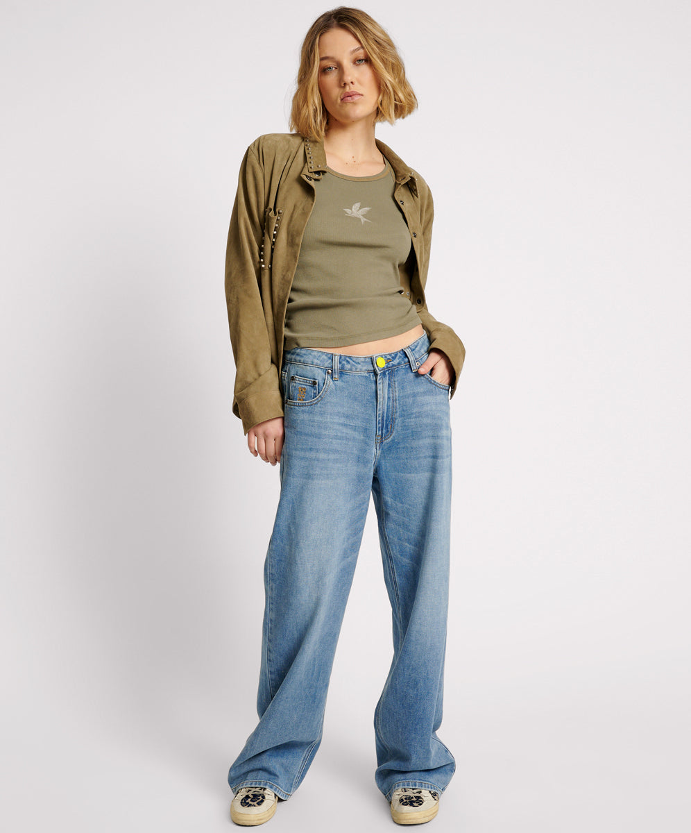 One Teaspoon Blue Rapture Jackson Mid Waist Wide Leg Denim Jeans