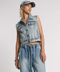 One Teaspoon Cropped Denim Trucker Denim Vest - Acid Blue