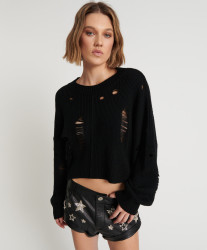 One Teaspoon Cropped Hercules Shredded Sweater - Black