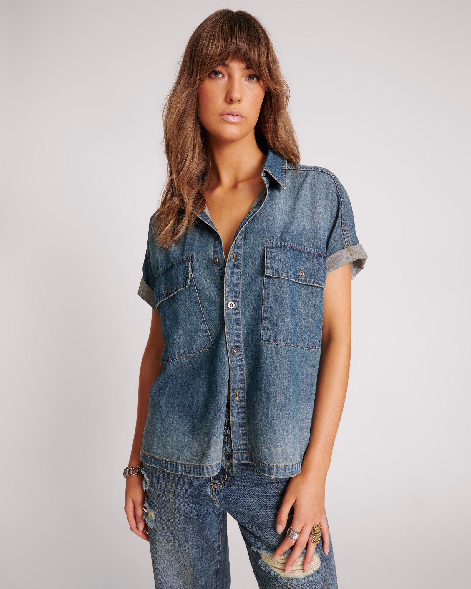 One Teaspoon Daria Denim Shirt - Used Blue