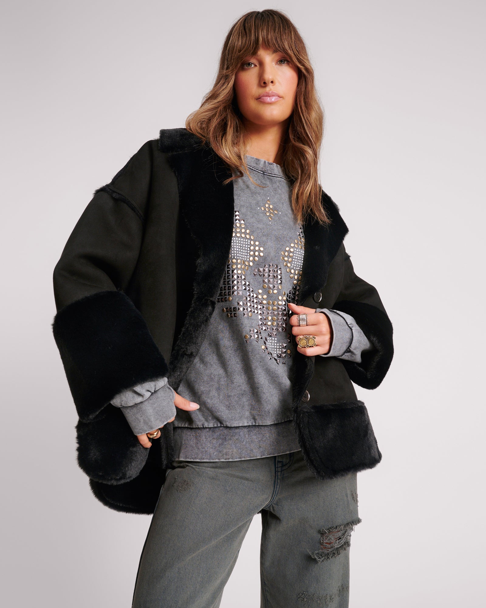 One Teaspoon Faux Shearling Aviator Coat - Black