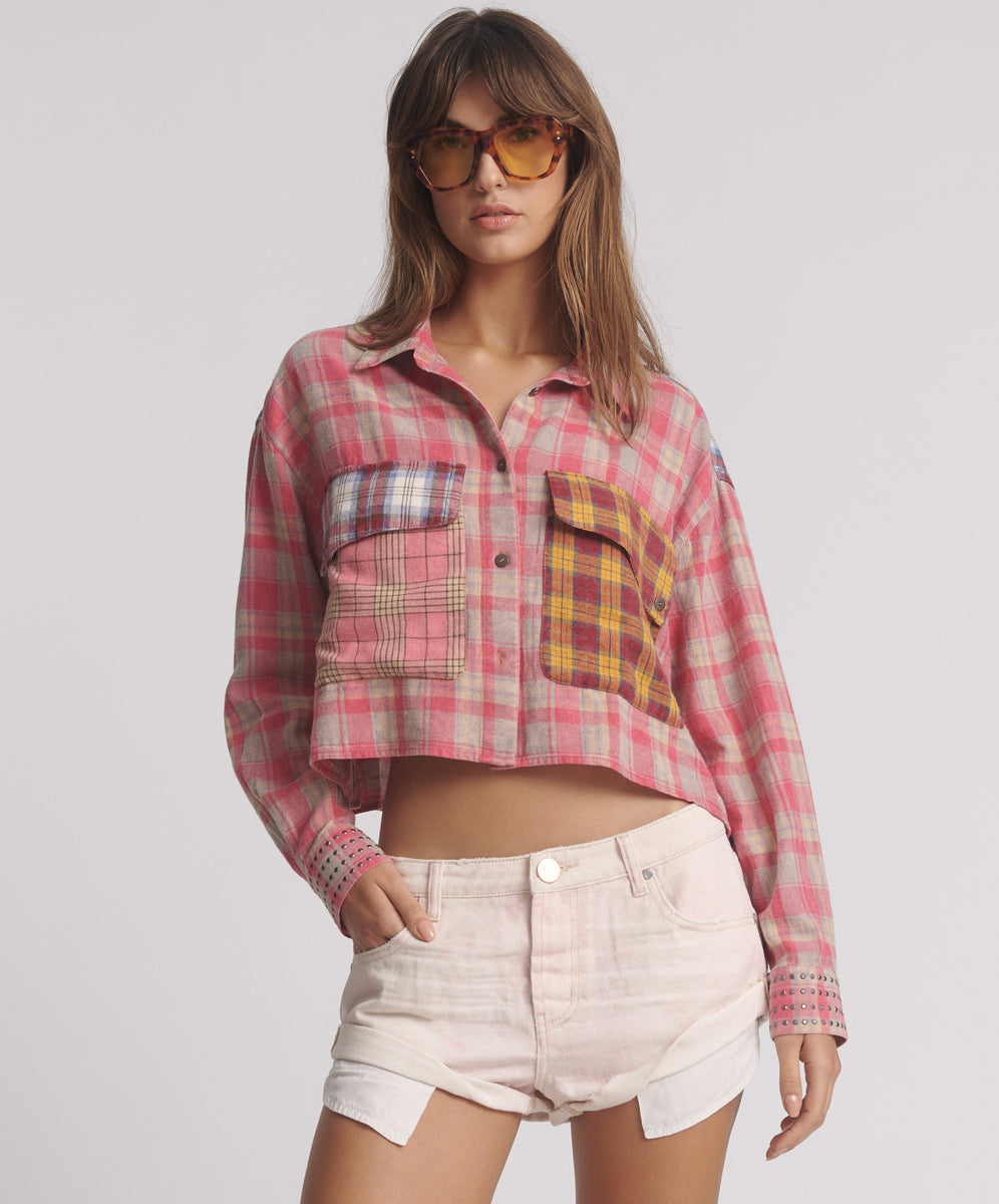 One Teaspoon Flannel Oversized Pocket Cropped Shirt - Pink