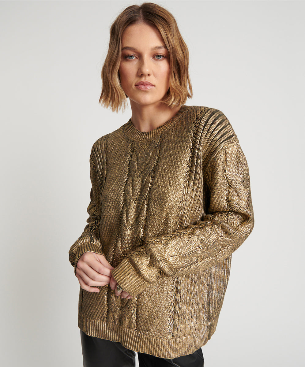 One Teaspoon GOLD FOIL CABLE SPINE SWEATER