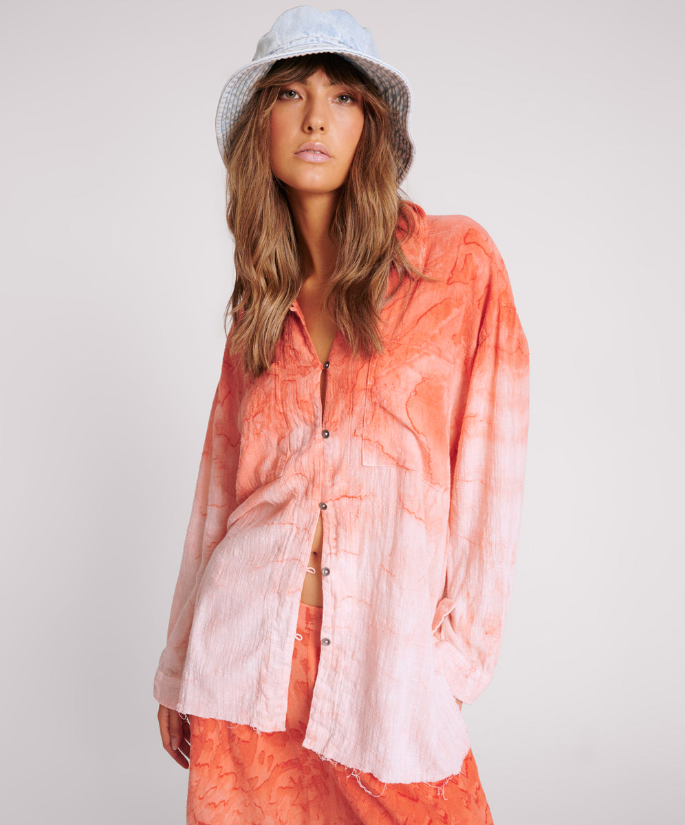 One Teaspoon Hand Painted Sunset Muslin Longline Shirt - Coral