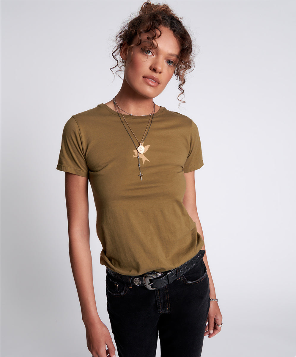 One Teaspoon Khaki Bower Bird Organic Fitted Tee