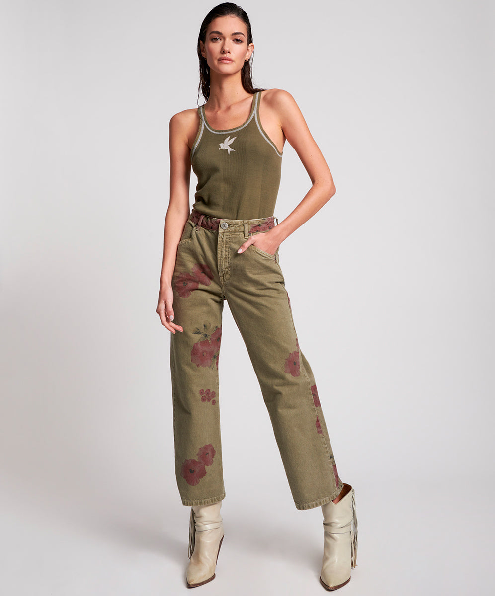 One Teaspoon Khaki Hibiscus Libertines High Waist Cropped Jeans