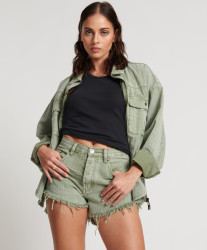 One Teaspoon Khaki Logo Jacquard Outlaws Mid Waist Denim Shorts