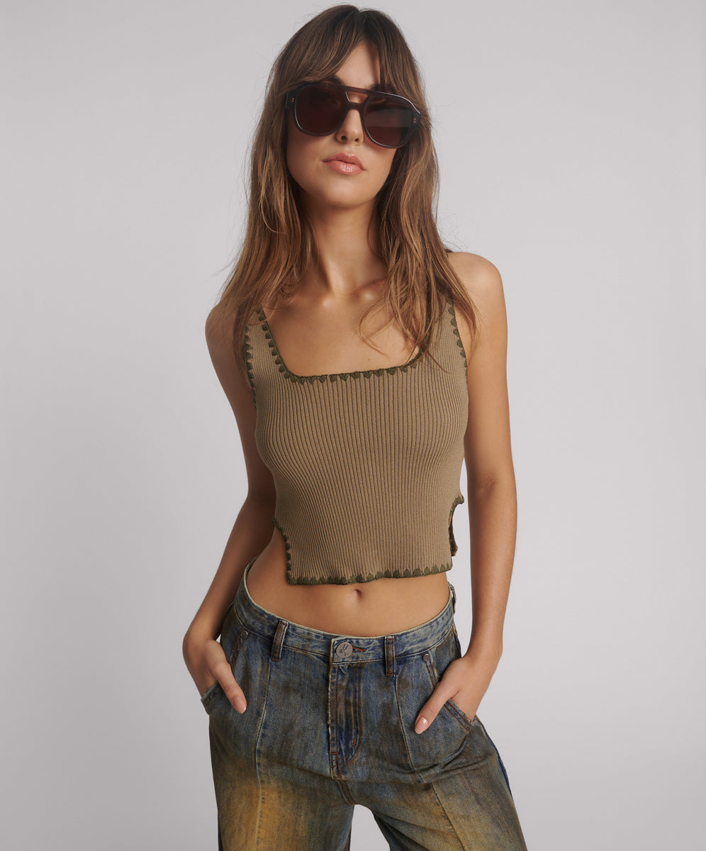 One Teaspoon Knitted Scallop Tank Top - Khaki