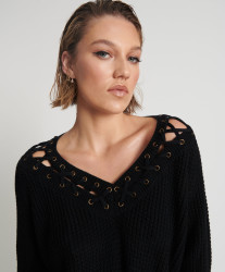 One Teaspoon Laced Up Knit Sweater - Black